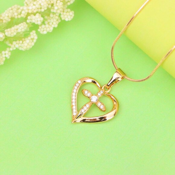 "Heart-Shaped Rose Gold Cross Pendant with Sparkling Accents, XPPT1326 - Picture 2 of 13